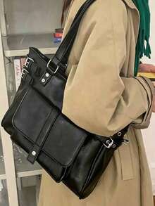 Women Tote Shoulder Bag Solid PU Leather With Metal Buckle Front Pocket Large Capacity Vintage Style For Women Daily Commute - Multicolor - View 2