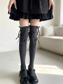 1 Pair Vertical Striped Bowknot Ruched Over-The-Knee Socks For Women, Gentle Japanese Style Relaxed Versatile Knit Long Tube Socks - Multicolor - View 4