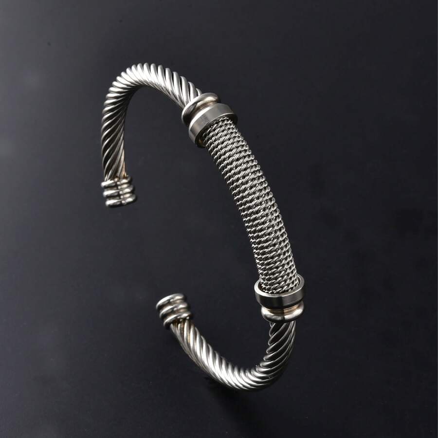 Thick Silver Twisted Rope Braided 18K Gold Plated Stainless Steel Bracelet, Unisex, Suitable For Daily, Party, Hip-Hop Street Style - Silver - View 1
