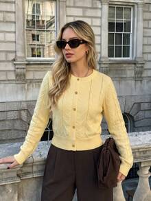 DONICY Women's Pale Yellow Hollow Crew Neck Single Button Cropped Knit Cardigan, Long Sleeve Thin Layering Sweater For Fall Winter Daily Wear - Yellow - View 8