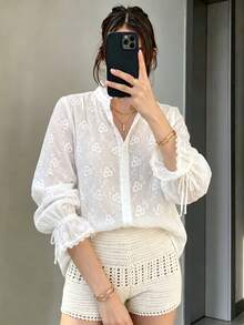 Women's White Embroidered Semi-Sheer Stand Collar Shirt With Ruffle Trim And Lace Cuffs, Button Front Long Sleeve Blouse For Fall Outfits - White - View 8