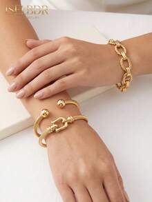 3pcs/Set 18K Gold Plated Stainless Steel Thick Twisted Wire Bracelet & Textured Oval Chain Bracelet Set, Waterproof Fade-Resistant Hypoallergenic Horseshoe Clasp Stackable Bracelet, Elegant Low-Key Luxury Autumn Jewelry Gift - Multicolor - View 3