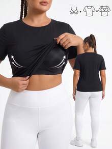 2pcs Kaos Lengan Pendek Wanita Ukuran Plus dengan Bra Terintegrasi, Tanpa Kawat dan Bantalan, Atasan Pakaian Olahraga untuk Gym, Lari, Yoga, Latihan, dan Aktivitas Luar Ruangan Musim Gugur - MultiWarna - View 2