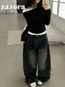 Design Contrast Color 2 In 1 Asymmetrical Shoulder Long Sleeve T-Shirt, Sweet Cool Hot Girl Style Versatile Slim Fit Top - Black - View 5