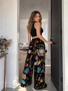 Plus Size Women's Cartoon Print Wide Leg Pantssweatpant,Loose Casual Trousers Vacation Fall - Black - View 7