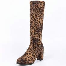 Women's New Solid Color Elastic Tall Boots, 7cm Chunky Heel Round Toe Suede Slip-On Boots, Plus Size 43, Fashion Versatile Casual Shoes - Multicolor - View 8