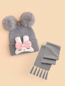 2pcs Baby Autumn/Winter Gift Set, Cute Squinting Rabbit Double Pom Pom Knitted Beanie & Matching Color Scarf Set, Suitable For Baby Girls Daily Wear And Warmth In Autumn/Winter - Multicolor - View 13