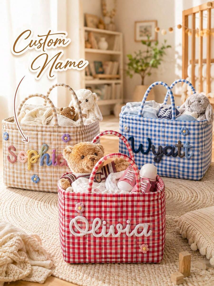 Personalized Quilted Baby Storage Basket, Customized Baby Baptism Gift, Neutral Nursery Toy Storage Bin - Multicolor - View 1