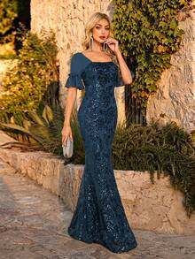 CEILIM Square Neck Chiffon Ruffle Short Sleeve Sequin Embroidered Mermaid Evening Gown, Front Square Neck Back Square Neck Open Back Slim Fit Bodycon Long Banquet Dress - Teal Blue - View 7