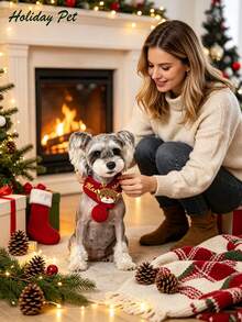 1pc Customized Knitted Winter Pet Christmas Scarf With Pom Pom, Soft & Warm Cat Dog Shawl, Red & Green Color With White Trim, Machine Washable Filled, Suitable For Small & Medium Pets, New Year Pet Neck Accessory, Cat Christmas Decoration - Multicolor - View 5