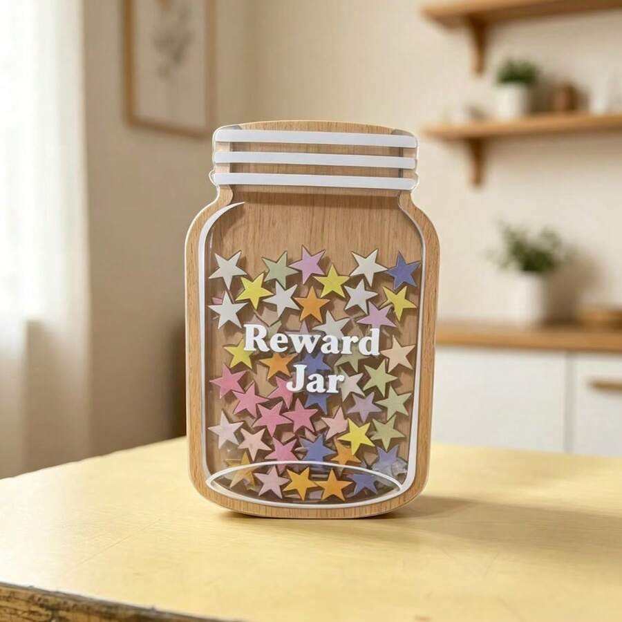 Wooden Reward Jar, 36pcs Stars And Flowers, Hollow Positive Reinforcement Behavior Chart Base Management Tool Decorative Reward System, Suitable For Teachers School Classroom Supplies, School Supplies, Back To School, Home Decor, Party Decor - 1PC - View 1