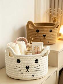 6pcs/1pc Multicolor Cat Face Pattern Storage Basket, Rope Woven Round Basket With Cat Ear Decor, Large Capacity Sundries Organizer Bin For Bedroom, Living Room, Bathroom, Home Daily Use All‑Season - Multicolor - View 5