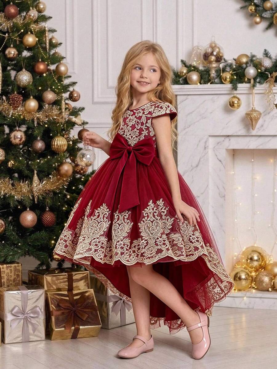 少女刺繡網紗奢華公主花童拖尾禮服,適合參加舞會,不含髮箍 - 酒紅色 - 查看 1