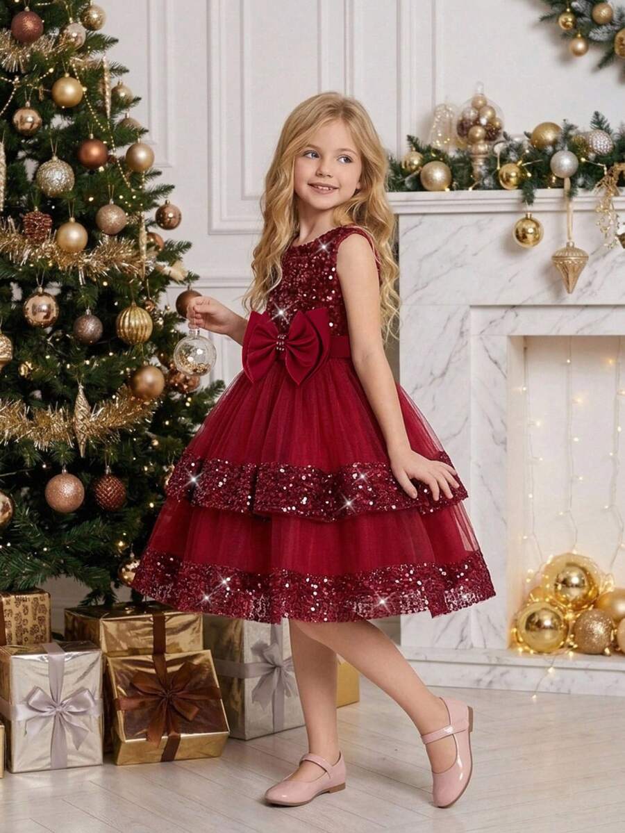Young Girls Sequin Bow Mesh Elegant Princess Tutu Dress Suitable For Prom, Headband Not Included - Burgundy - View 1