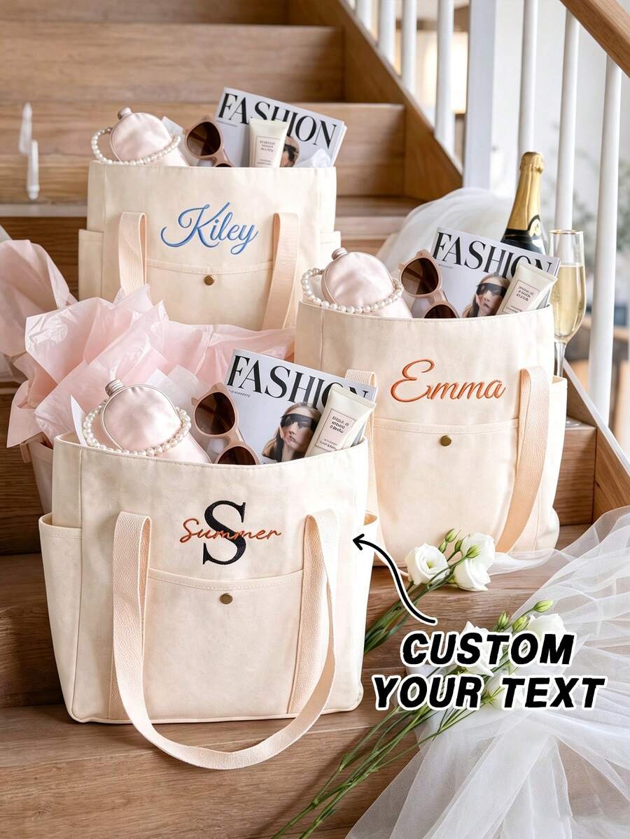 Customized Personalized Bridesmaid Handbags ,Personalized Ivory Canvas Handbag With Name For Weddings Bridal Parties And Travel