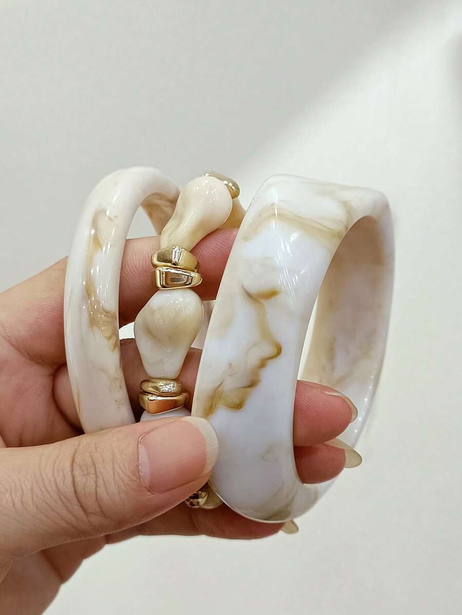 3件組時尚復古粗款多色不對稱壓克力手鐲套組,適合女性日常配戴,送給朋友與家人的禮物 - 彩色 - 查看 1