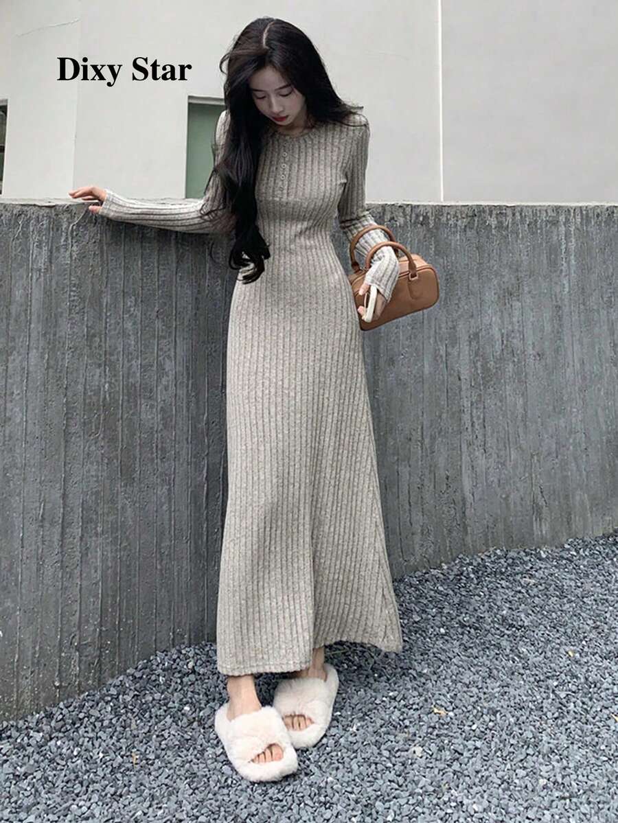 Women's Solid Color Minimalist Casual Knit Long Sleeve Dress Elegant Spring - Apricot - View 1