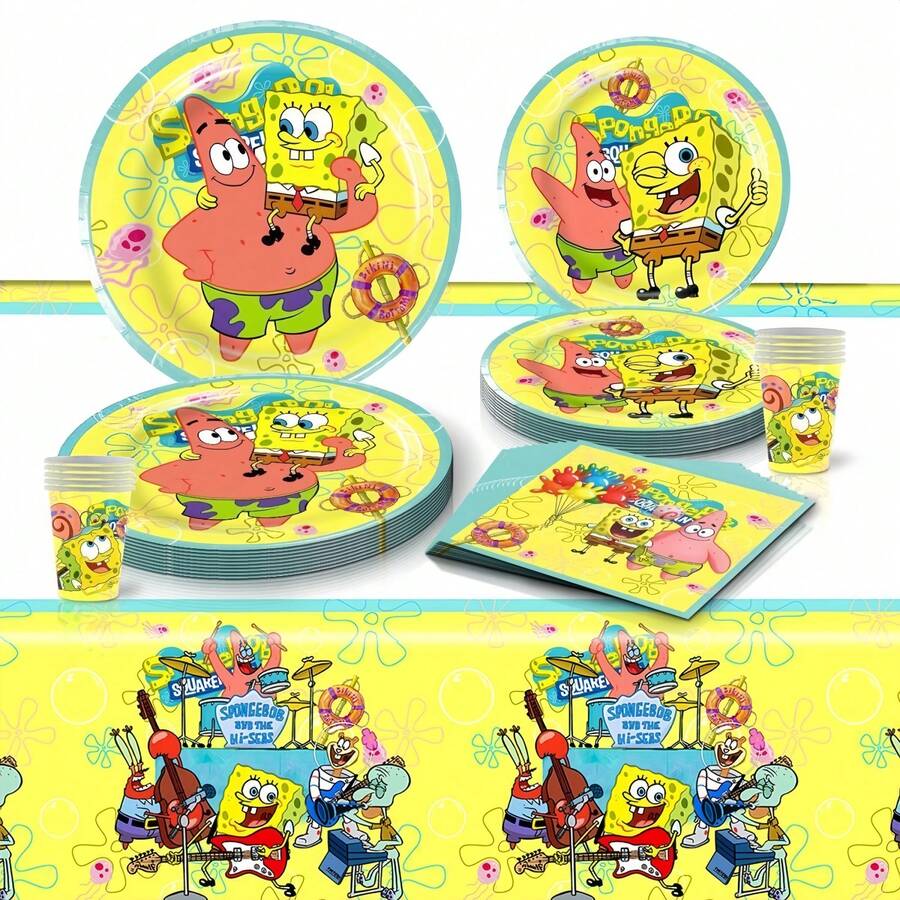 SpongeBob SquarePants مجموعة أدوات مائدة لحفلة عيد ميلاد بطابع كرتوني من الإسفنج المربع، تشمل أطباق ورقية ومناديل وأكواب ورقية ومفرش طاولة - متعدد الألوان - مشاهدة 1