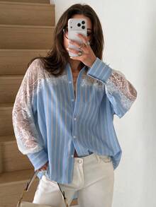 Women's Elegant Elegant Vacation Daily Commute French Romantic Striped Lace Patchwork Blouse - Blue - View 2