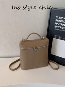Handbag With Lychee Texture And Silver Metal Hardware Decoration, Dual-Use Hand-Carry And Crossbody, Zipper Closure, Minimalist Commuter Style, Box Handbag, Suitable For Urban Women's Work Commute And Short Trips, Square Structured Shape, Can Store Cosmetics, Phone And Other Personal Items. - Khaki - View 11