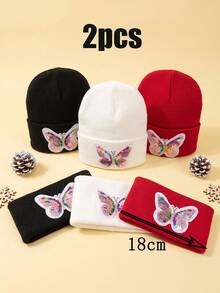 3pcs 3-15Y Embroidered Sequin Bow Knit Hat + Scarf 2-Piece Set, Solid Color New Style Hat Set - 2PCS - View 3