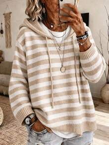 Women's Elegant Hooded Striped Long Sleeve Knit Sweatshirt, Soft And Warm - Apricot - View 1