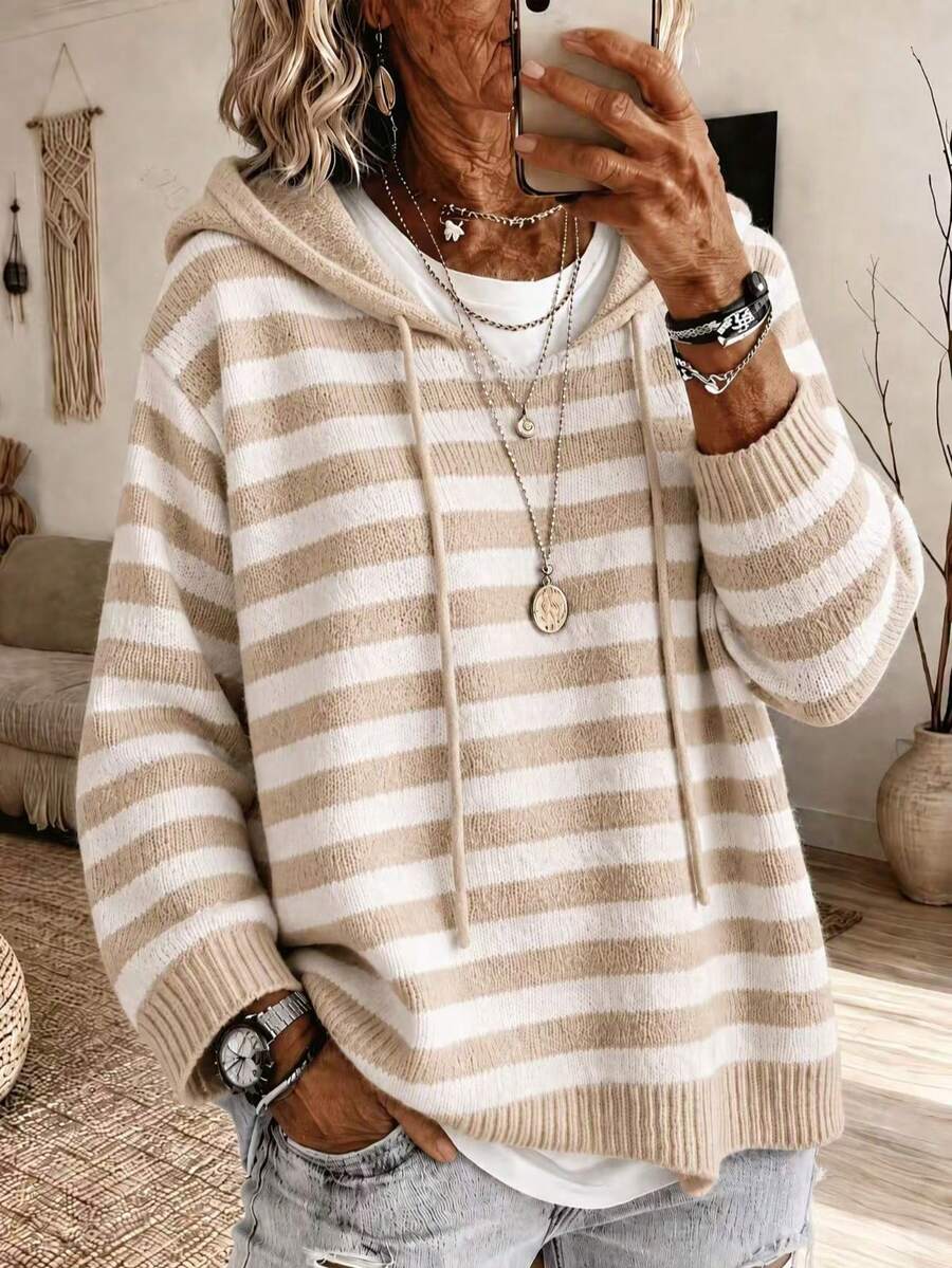 Women's Elegant Hooded Striped Long Sleeve Knit Sweatshirt, Soft And Warm - Apricot - View 1