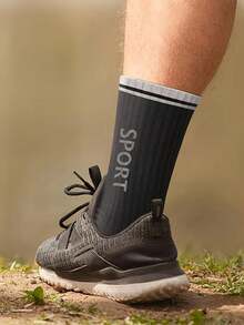 6 Pairs Random Sporty Durable Men's Mid-Calf Socks, Striped Contrast Color Thick Terry Sole Breathable Non-Slip Athletic Socks For Running, Hiking, Fitness - Black and White - View 3