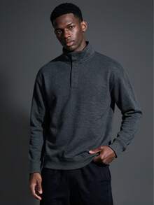 Camvyn Men's Autumn/Winter Casual Fashion Button Loose Drop Shoulder Lapel Sweatshirt - Dark Grey - View 1