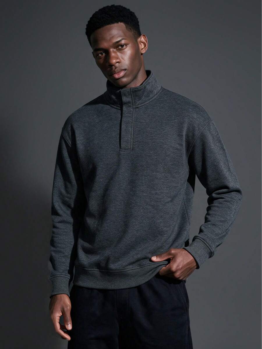 Camvyn Men's Autumn/Winter Casual Fashion Button Loose Drop Shoulder Lapel Sweatshirt - Dark Grey - View 1