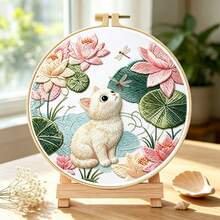 2 Cute Cat DIY Embroidery Material Kits With Full Set Of Tools And Embroidery Hoop, Ocean Shark Cat / Lotus Dragonfly Cat 3D Embroidery Kit, Beginner Stress Relief Handmade Desktop Decor Creative Gift - Multicolor - View 6