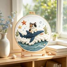 2 Cute Cat DIY Embroidery Material Kits With Full Set Of Tools And Embroidery Hoop, Ocean Shark Cat / Lotus Dragonfly Cat 3D Embroidery Kit, Beginner Stress Relief Handmade Desktop Decor Creative Gift - Multicolor - View 7