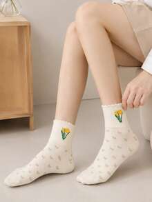 1/3 Pasang Kaos Kaki Wanita Setengah Betis dengan Manset Berkerut, Katun Lembut dan Bernapas, Motif Garis Bunga dan Wajah Tersenyum, Gaya Pastoral Hutan, Mode Sehari-hari, Paket Multi - MultiWarna - View 4