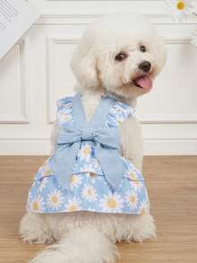 LUCKIE PAW 1pc Bow & Daisy Print Colorblock Cute Princess Style Mesh Dress For Chihuahua Small Dogs, Physical Flea Protection, Reduces Shedding, Heat-Insulating & Breathable, Suitable For Small & Large Dogs And Cats, Indoor & Outdoor - Blue - View 1