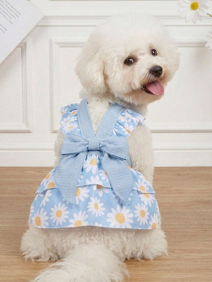 LUCKIE PAW 1pc Bow & Daisy Print Colorblock Cute Princess Style Mesh Dress For Chihuahua Small Dogs, Physical Flea Protection, Reduces Shedding, Heat-Insulating & Breathable, Suitable For Small & Large Dogs And Cats, Indoor & Outdoor - Blue - View 1