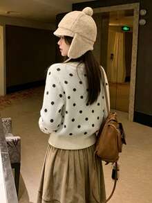 Polka Dot V-Neck Knit Cardigan Slimming Women's Short Sweater, Autumn - Apricot - View 11