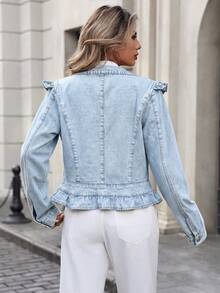 Spring Autumn Casual Versatile Fashion Denim Jacket With Ruched Hem, Long Sleeve, Suitable For College, Vacation, Daily, Birthday Party, Date, Travel, Airport Outfit For Women - Blue - View 4