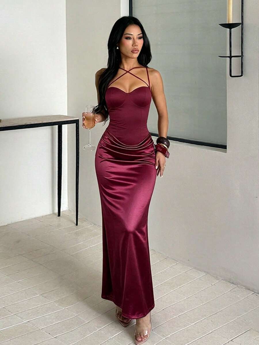 Autumn Solid Color Cup Strap Patchwork Satin Evening Dress, Women's Elegant Dress For Party, Date, Wedding