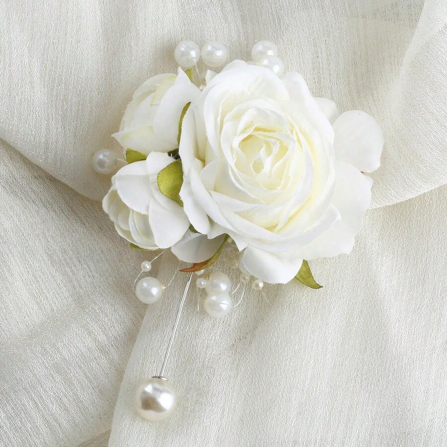 1pc Unisex Elegant Faux Silk Pink & Cream Rose Brooch - Multicolor - View 1
