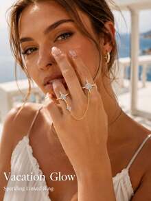 XYHEALER 1pc Gold Women's Double Finger Ring, Rhinestone Star Chain Connected Shiny Exaggerated Ring Jewelry, Suitable For Party, Dance, Date Night - Multicolor - View 8