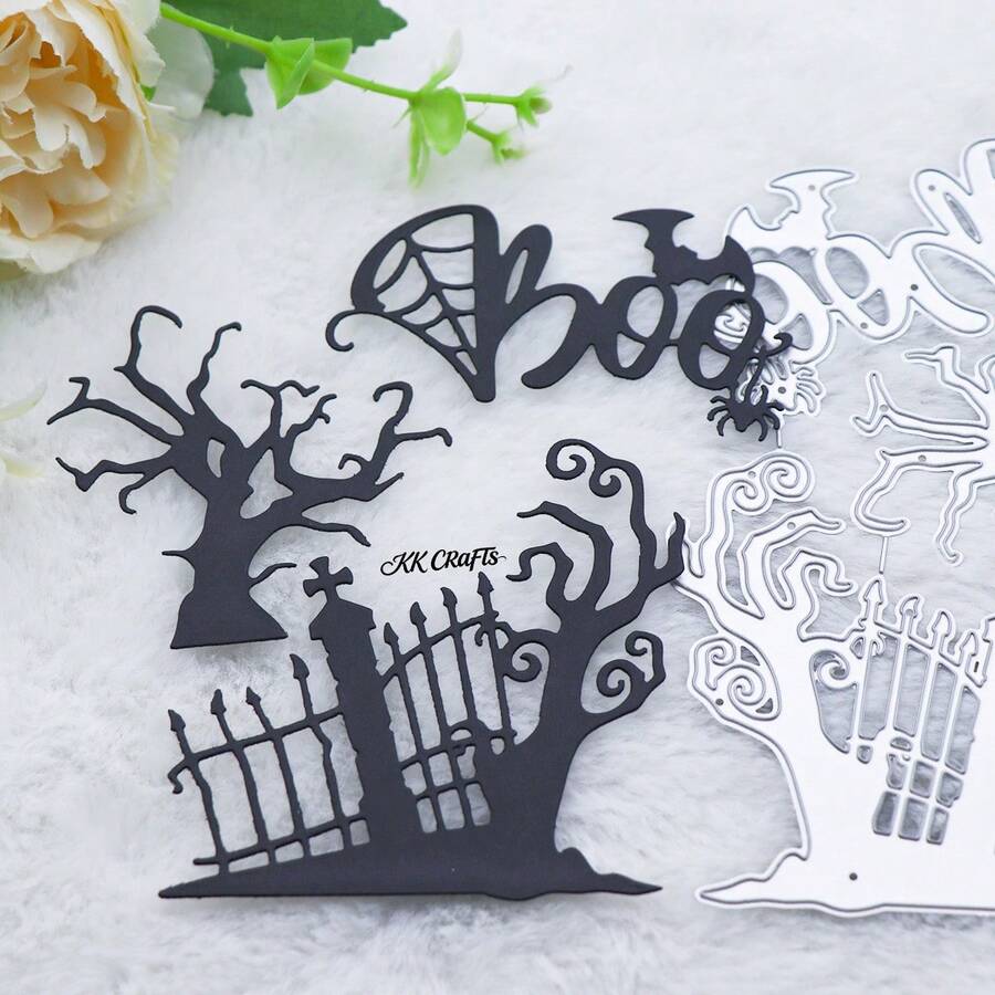 Halloween Horror Scene Metal Cutting Template Set, Includes "Boo" Text, Dead Tree, Cemetery Fence, Bat, Spider Patterns, Suitable For DIY Scrapbooking, Card Making, Halloween Party Embossing Template Paper, Handmade Notebook Decoration - C-Silver - View 1