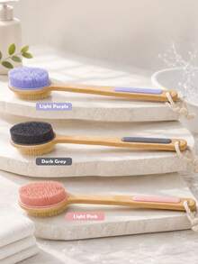 1pc Long Handle Double-Sided Bath Brush, One Side Flocked Bristles And One Side Silicone Brush, Non-Slip Hanging Scrub Brush, Unisex, Long Handle Bathing Tool - Multicolor - View 6
