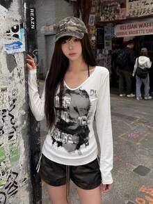 Casual Distressed Portrait Print Long Sleeve T-Shirt Women Niche Aesthetic Hot Girl Base Layer Top - White - View 5