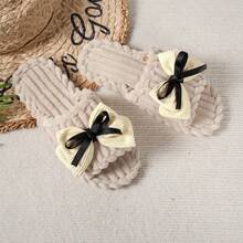 Women's Solid Color Fashion Fabric Bow Knot Comfortable Soft Sole Home Slippers Autumn/Winter One-Strap - Beige - View 11
