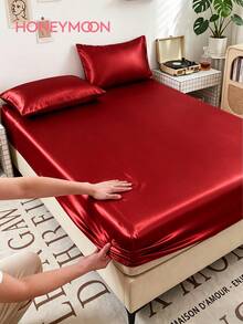 2/3 Piece Luxury Satin Bed Sheet Set, Includes 1 Deep Pocket Fitted Sheet And 1/2 Pillowcases - 100% Polyester, Solid Color, Silky Smooth, Suitable For All Seasons - Machine Washable - Suitable For Home And Hotel, Red - Red - View 1