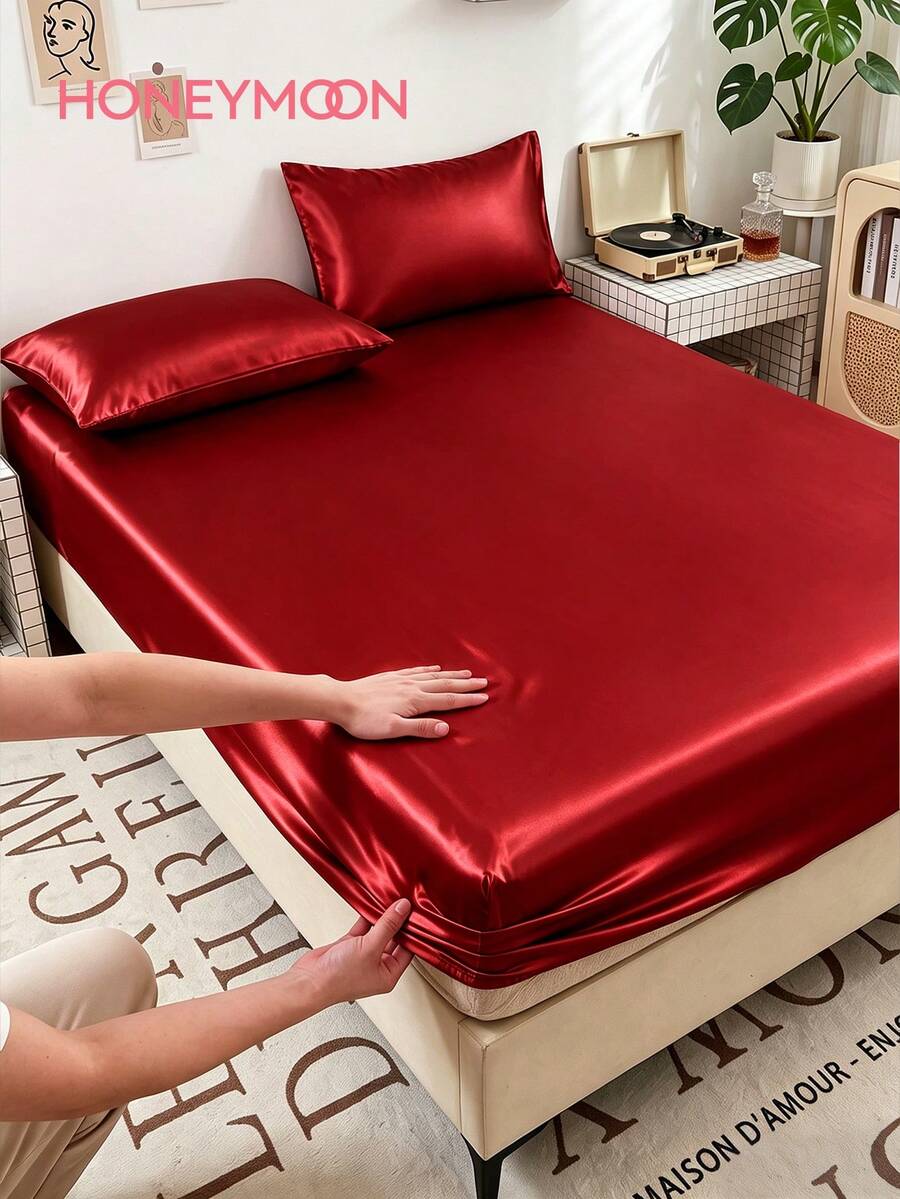 2/3 Piece Luxury Satin Bed Sheet Set, Includes 1 Deep Pocket Fitted Sheet And 1/2 Pillowcases - 100% Polyester, Solid Color, Silky Smooth, Suitable For All Seasons - Machine Washable - Suitable For Home And Hotel, Red - Red - View 1