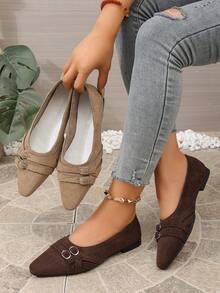 Brown Dual-Metal Buckle Pointed Toe Flat Shoes Women Spring Autumn Vintage Commute Low Vamp Versatile Loafers - Coffee Brown - View 2