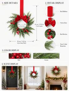 1/2/3pcs Christmas Wreath Garland, Artificial Cedar Wreath With Bows And Red Berries, Holiday Wall Door Decor For Home Party - Multicolor - View 4