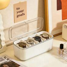 1pc 4-Slot Watch Storage Box, Dust-Proof Transparent Visible Space-Saving Anti-Scratch Premium Thickened PET Plastic Watch Display Organizer Box, Minimalist Modern Transparent Lid White Vertical Stripe Rectangular Hinge Flip Cover Removable Dividers Watch Bracelet Jewelry Storage Display Protection Box, Vanity Bedroom Daily Use Birthday Housewarming Father's Day Gift - Multicolor - View 1