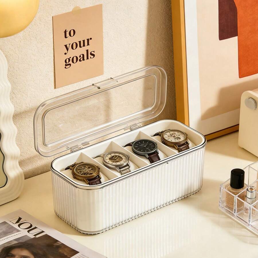 1pc 4-Slot Watch Storage Box, Dust-Proof Transparent Visible Space-Saving Anti-Scratch Premium Thickened PET Plastic Watch Display Organizer Box, Minimalist Modern Transparent Lid White Vertical Stripe Rectangular Hinge Flip Cover Removable Dividers Watch Bracelet Jewelry Storage Display Protection Box, Vanity Bedroom Daily Use Birthday Housewarming Father's Day Gift - Multicolor - View 1